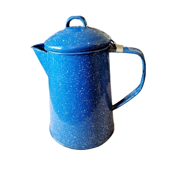 Vintage Blue Speckled Enamel Ware Cowboy Coffee Pot Kettle Camping 10" - Picture 1 of 6